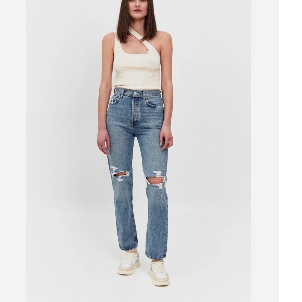 AGOLDE Riley High Rise Straight Crop Distressed Jeans Blue Size 28 A056B-1255